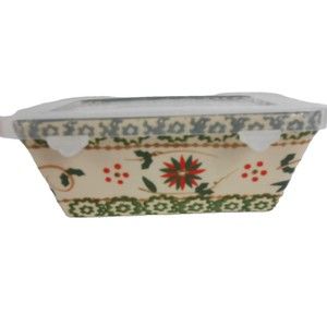 Temptations Old World Ovenware Mini Loaf Pan Green Poinsettia w Lid 12 oz